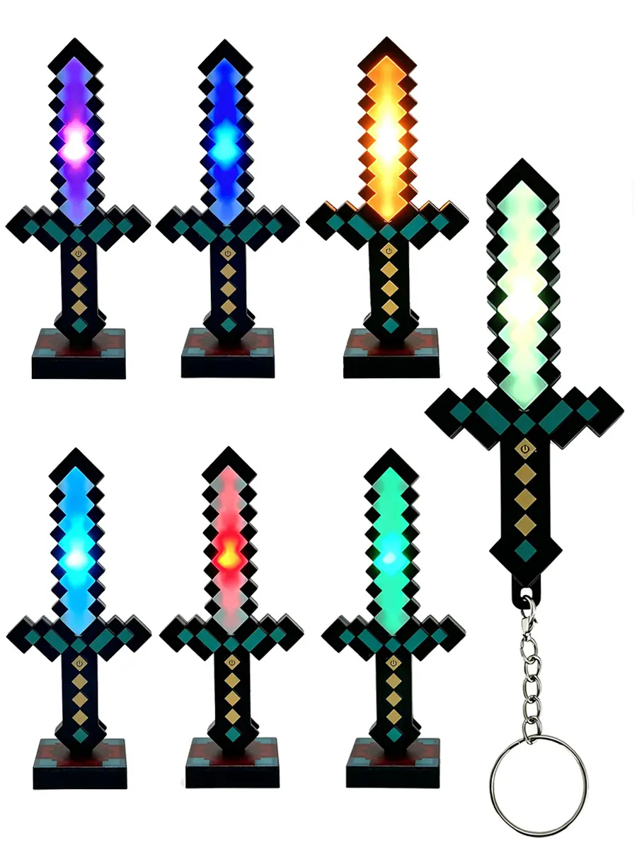 Diamond Glow Pixel LED Sword Keychain - 2-in-1 Rechargeable 7-Color Changing Mini Toy Weapon Pendant, Fidget Toy, Gaming Room Decor Accessory