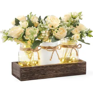 3 Pcs Mason Jar Centerpiece TableValentine's Day Wedding Birthday Party Decorations for Dining Table Decor Farmhouse Coffee Table Decor with Wood Tray and Led Light Table Centerpieces for Dining room Kitchen Living Bathroom