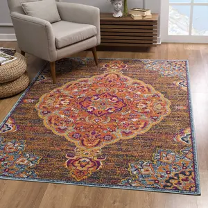 HomeRoots 393017 2x6 ft. Medallion Rectangle Rug, Rustic Orange, Low Pile, Multicolor, Stain Resistant, Low Pile Rug, Multicolor Rug
