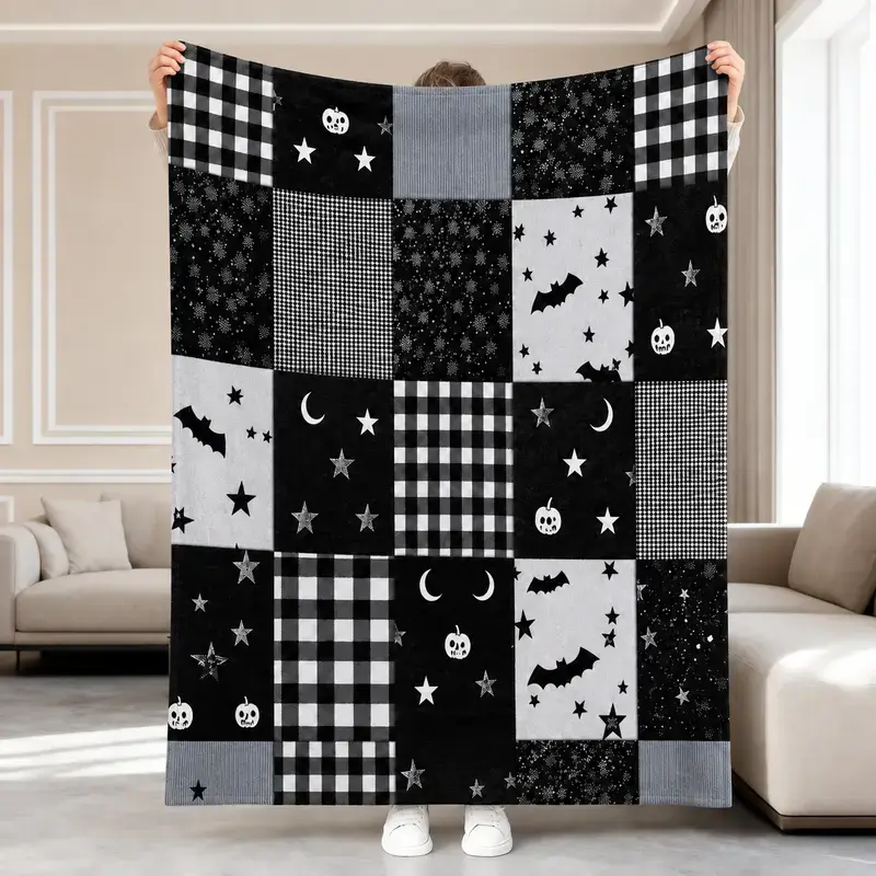 1Pc Gothic Black And White Checkered Flannel Blanket - Soft And Comfortable All-Season Warmth, Vintage Bat And Jack-O'-Lantern Design, Suitable For Sofa, Bed, Travel Use - For Home Decor, Camping