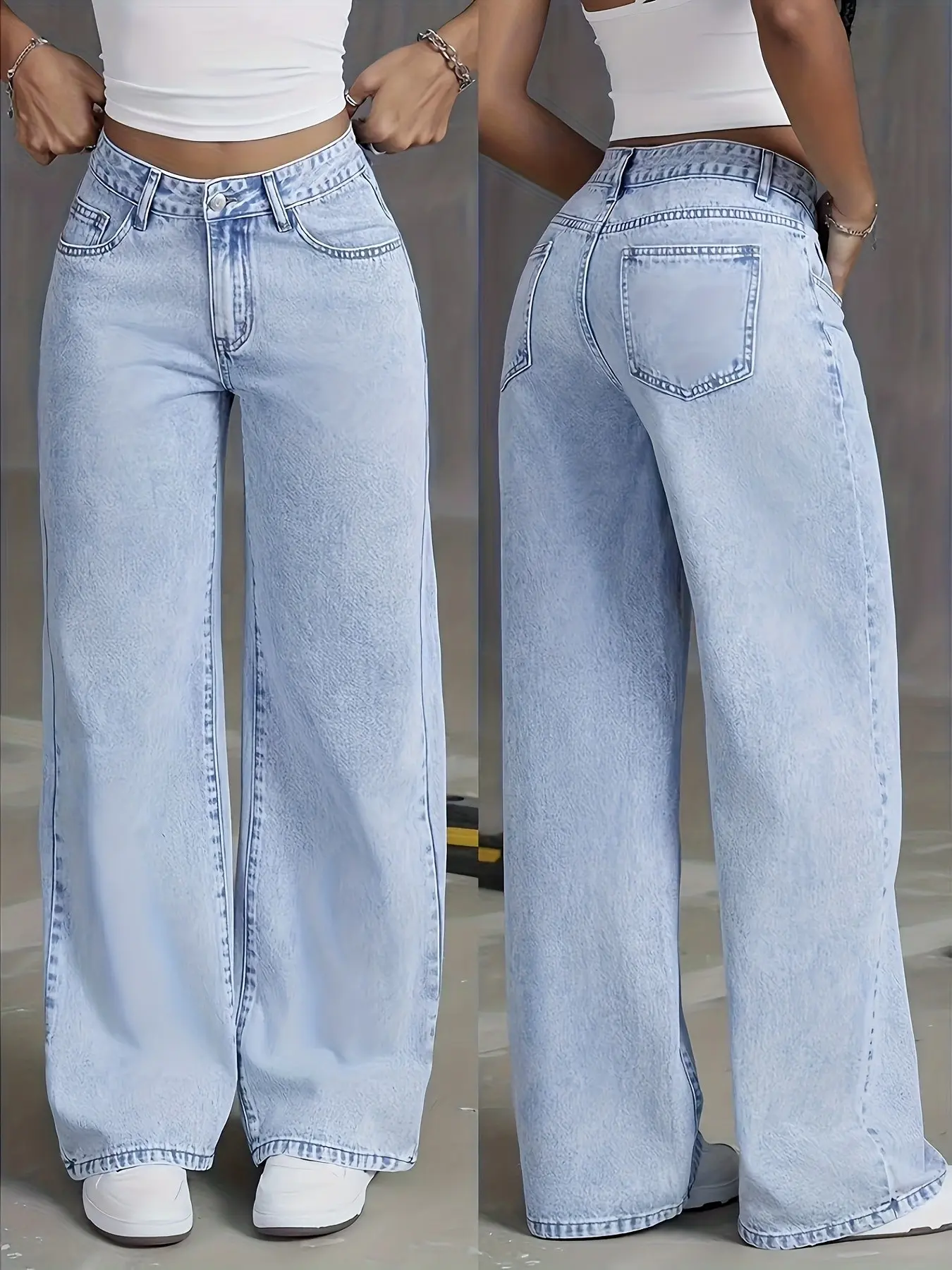 Women's Fashion High Waist Wide Leg Stretch Pocket Light Wash Jeans, All Season Loose-Fit Baggy Denim Jeans, Versatile Daily Wear for Work, Shopping, Dating, Pants