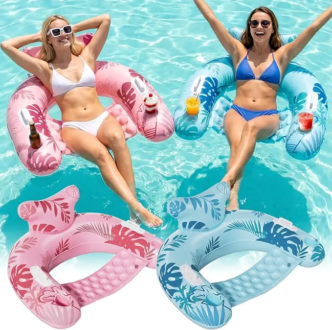 Ecofurnix Adult Inflatable Pool Chair - 2-4 Pack Cooler Pool Sit Floaters with Double Drink-Ready Cups, Sturdy Side Handles, Ergonomic Headrest, 300 lbs Capacity for Summer Water Sports Parties