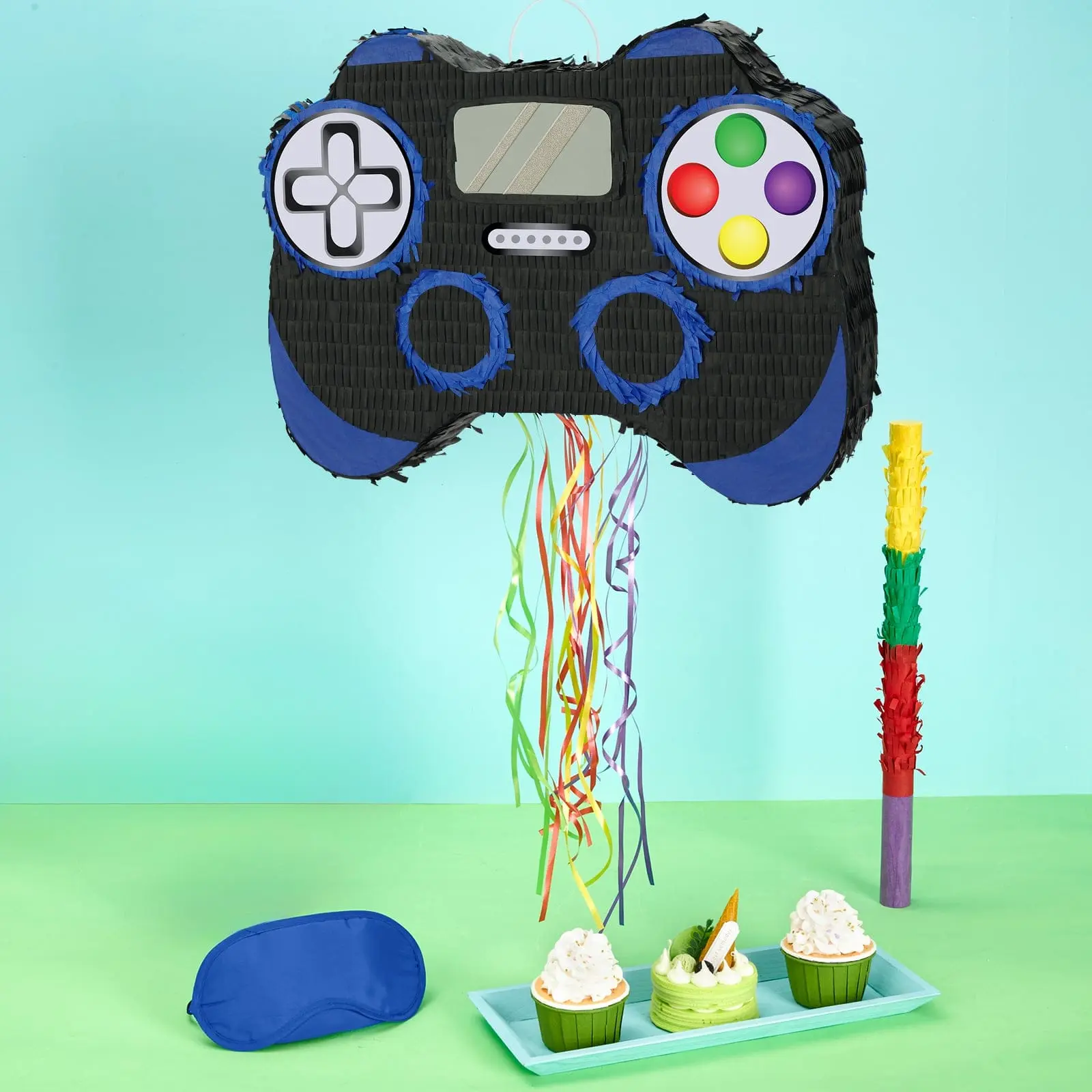 WERNNSAI Game Controller Piñata Party Supplies Bundle with Blindfold & Stick, Handmade Video Game Piñata for Boys Birthday Decorations, Fillable Gaming Controller Pinata for Kids Birthday Party, Fun Party Game & Candy Decorations