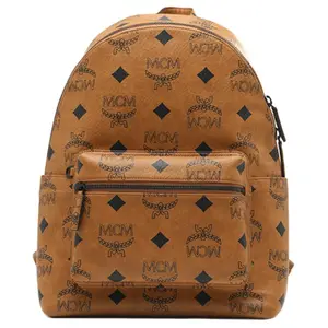 Unisex MCM Maxi Logo Monogram Coated Canvas Backpack with Classic Studs, Brown Cognac