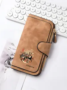 Long wallet featuring a Ghibli My Neighbor Totoro illustration of a faceless man eating ramen, with a snap closure and zipper wallet|Themed graphic wallet