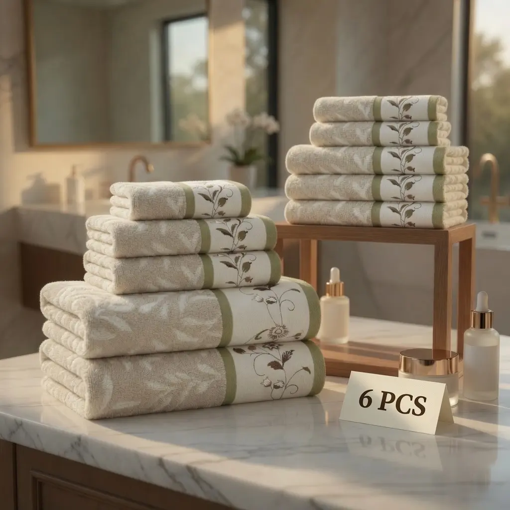 Nurex Serene 100% Cotton Bath Towel Set – Luxury Jacquard Floral Embroidered Towels, Soft Absorbent 600 GSM Bathroom Towels, 6-Piece Green Gift Set