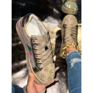 Studded Rhinestone Sneakers, Laser Rainbow Light Up Design, Distressed Denim Style, Sweet Spicy Feel, All Seasons Casual Shoes
