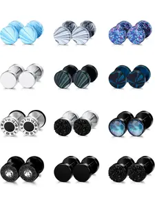 Classic 12 Pairs Colorful Fake Gauge Earrings Fashionable Stainless Steel Stud Earrings for Men Women Cool Faux Gauges Earrings Fake Ear Plugs Gauges Tunnel Jewelry Set Ear Accessories Ear Studs