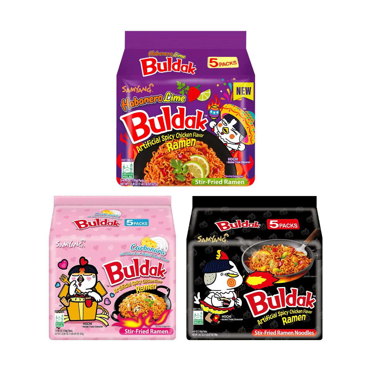 SAMYANG Korean Buldak Noodles Stir-Fried Ramen - Habanero Lime,Carbonara, Hot Chicken Flavor, 15Packs,71.4oz【Value Pack】