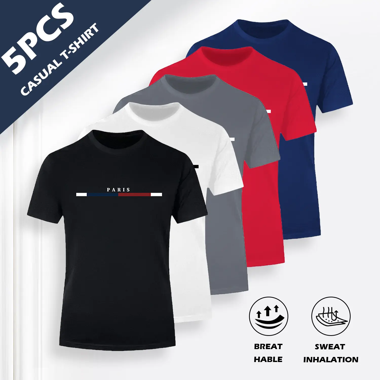 Men's 5pcs Moisture-Wicking Breathable Shortsleeve T-Shirts - Paris Letter Print, Striped Collar, Regular Fit, 5 Color Options, Streetwear Activewear Sportswear Athletic Tops for Summer Outdoor, Casual Wear, Menswear, Tshirt