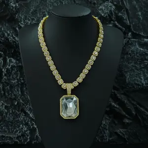 Men's Cube Sugar Cuban Chain Necklace with Colorful Gemstones Classic Versatile Jewelry for Stylish Wear Elegant Zirconia Pendant Square Shaped Pendant