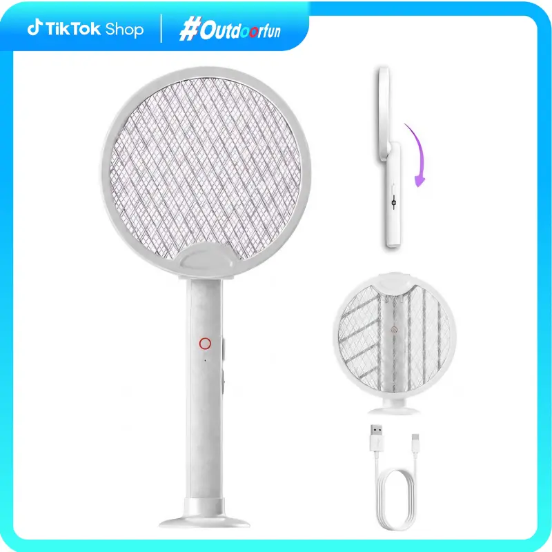 Foldable Cordless Electric Fly Swatter Racket - 2-in-1 Smart Bug Zapper, 1.77in/9.06in Slim Folded Size, 1200mAh Battery, USB Rechargeable Base, 3000V High-Density Insulated Mesh, DC 5V, Easy Carry Indoor Pest Control for Home, Kitchen