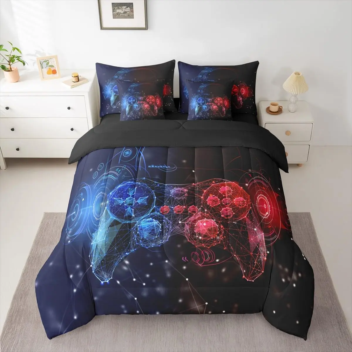 Red Blue Gamer Bed in A Bag,7 Piece Gaming Consoles Comforter Set with Sheets,Neon Bedding Sets,3D Geometric Bed Set