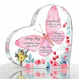 Butterfly & Flower Pattern Acrylic Ornament Heart Shaped Bible Verse Inspirational Desktop Decoration Religious for Home School Office Dormitory