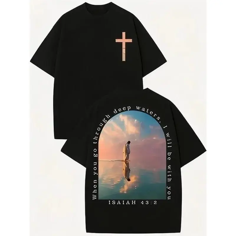 Featuring a design inspired by the Cross and verses from the Book of Isaiah, this piece boasts a double-sided print pattern ideal for summer wear; its dropped-shoulder silhouette blends Y2K, vintage, and streetwear aesthetics.