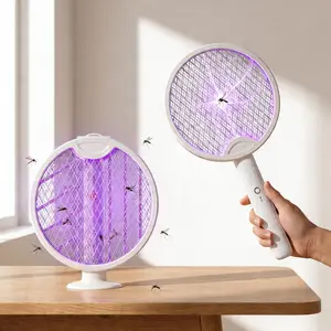 2-in-1 Foldable Electric Fly Swatter, Portable Bug Zapper Racket & Mosquito Trap with Purple Attractant Light, Instant Kill for Gnats, Mosquitoes & Flies, USB Rechargeable with Standing Base & Cable, 3-Layer Safety Mesh for Indoor, Home, Camping