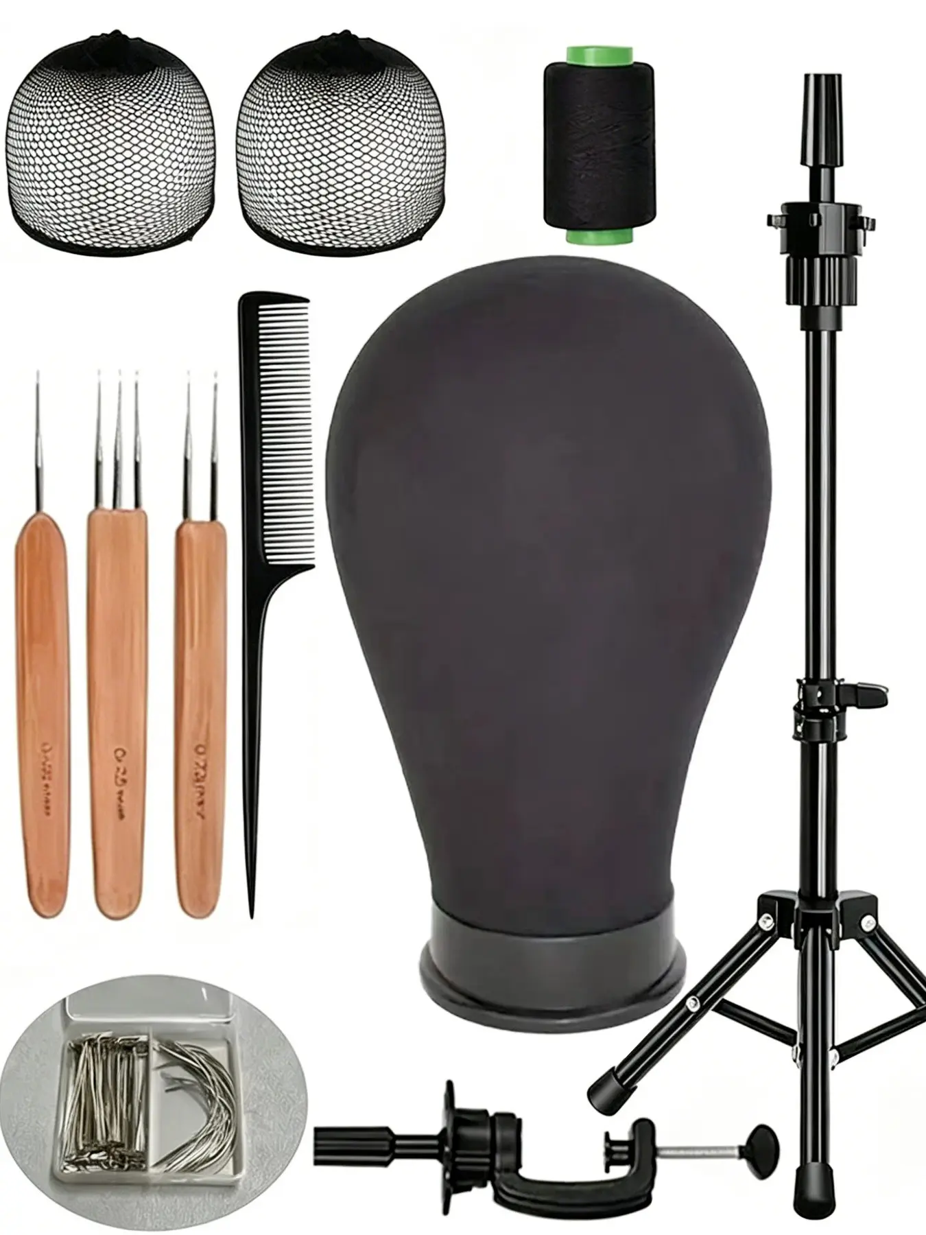 Professional Wigs Modeling Head Set, Adjustable Tripod Stand, Canvas Block Head, Hairpin, Comb, Wig Cap, Adult Size, Beauty Practice, Wig Mannequin Head