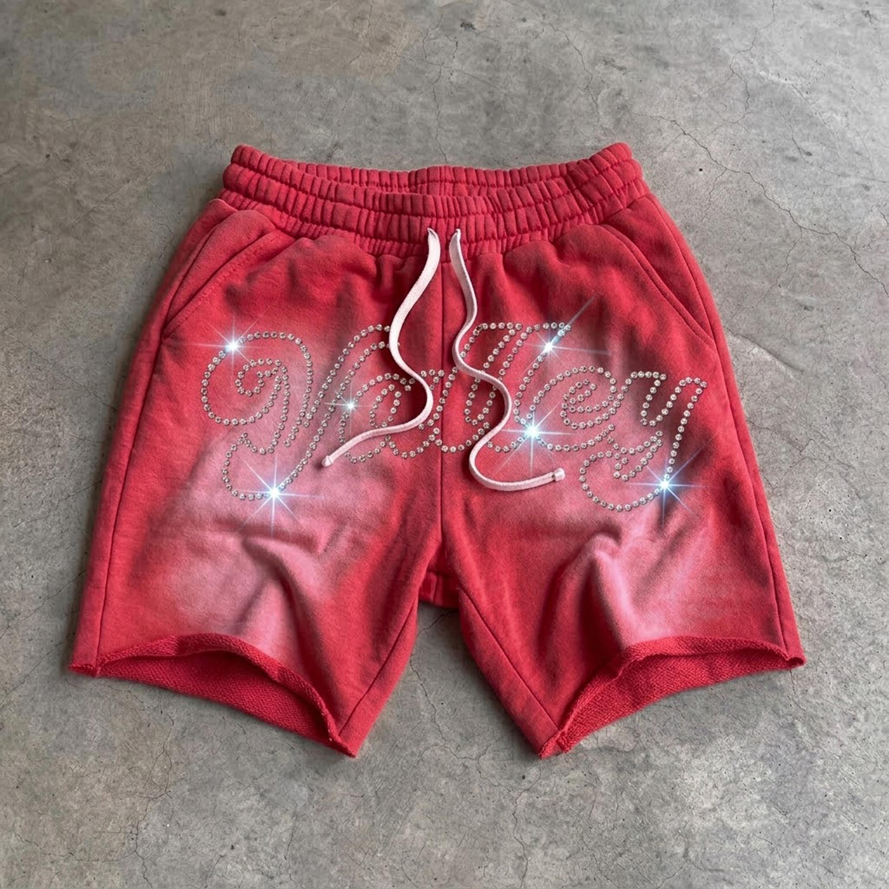 Sopula Studio Men's Shiny Rhinestone Embroidery Retro Cotton Fabric Casual Valley Acid-Washed Shorts