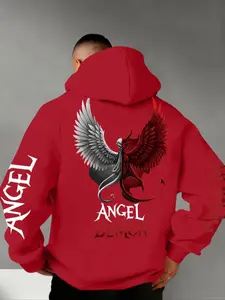 Men's Fall Winter Demon & Angel Graphic Print Hoodie, Soft Cotton Fabric, Warm and Comfortable, Casual Wear, Single Layer or Inner Layer, Hoodie Sweatshirt, Graphic Hoodies