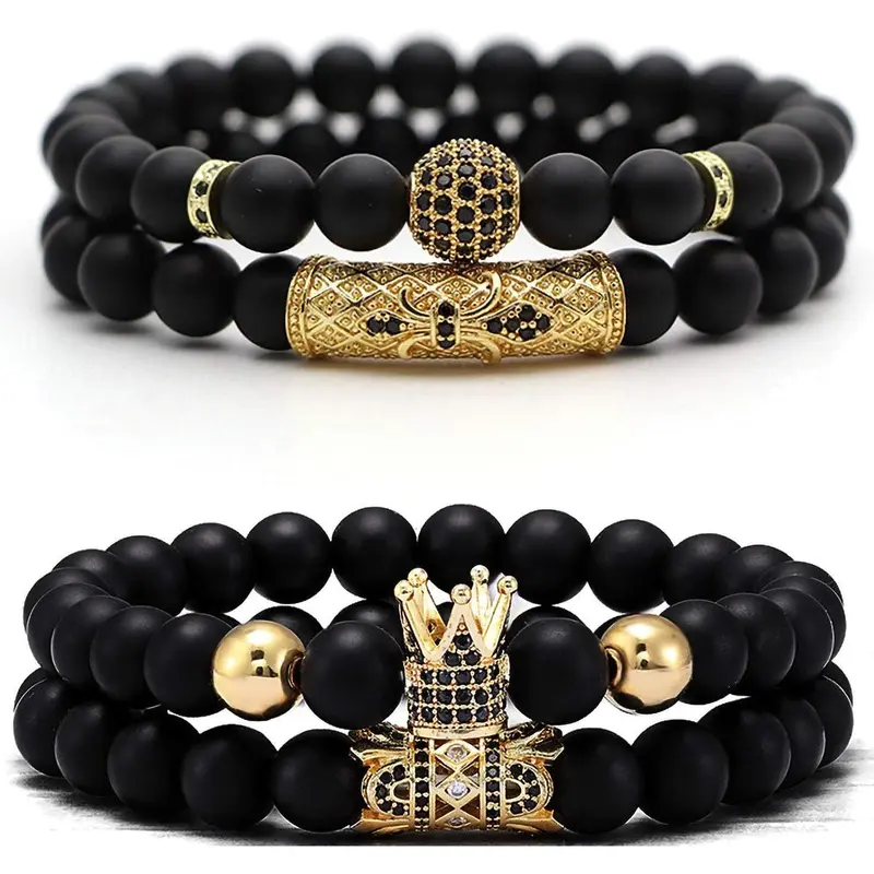 MILAKA Men's Crown King Bracelets Set - 4 Black Matte Onyx Bracelets with Cubic Zirconia Charms, Elastic Rope, High Polished Surface, Unisex Design Costume Jewelry, Great Gifts for Yourself or Your Family and Best Friends