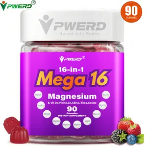 PWERD Mega 16-in-1 Magnesium Complex Gummies with Ashwagandha L-Theanine Coenzyme Q10 Vitamin D3 K2 & Zinc 90 Count Dietary Supplement 16-in-1 Formula