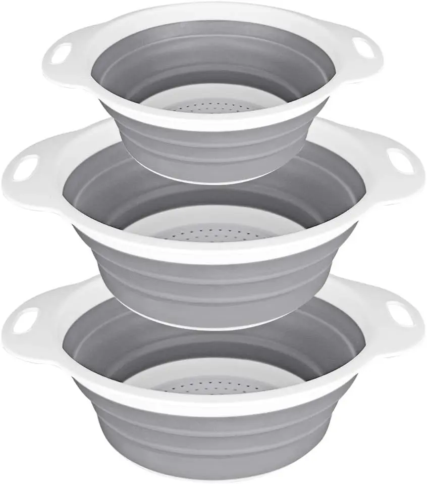 Rottogoon 3-Piece Collapsible Colander & Strainer Set - 2x4 Qt, 1x2 Qt BPA-Free Sturdy Silicone-Rubber-Plastic, Dishwasher-Safe Kitchen Gadget for Draining Pasta, Veggies, Fruit Strainer, Drawer-Ready Size with 1.4" Drawer Stow