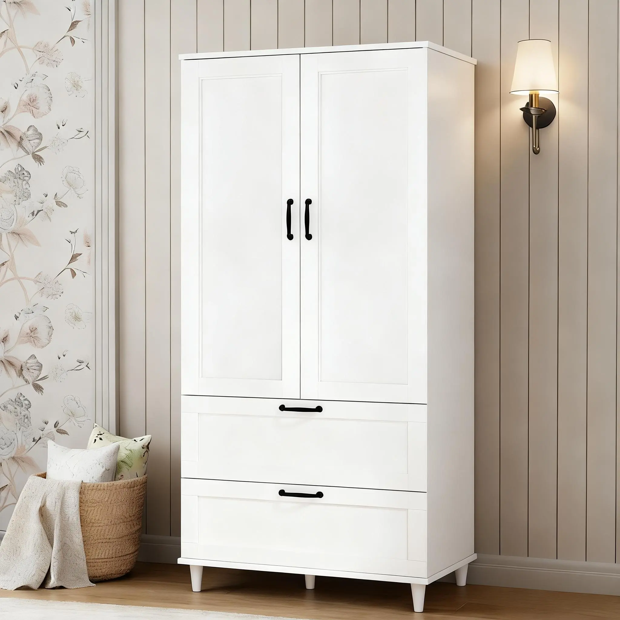63" Wide Wooden Armoire Wardrobe Closet - Adjustable, 2 Doors, 2 Drawers, Hanging Rod, Assembly Required, Hang+Drawer Combo, Large Capacity Storage Cabinet for Bedroom, Drawers & Rod