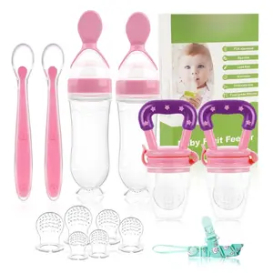 Baby Fruit Feeder Pacifier - 6 Pack | 2 Infant Food Feeder Pacifier & 2 Baby Food Dispensing Spoon | Fresh Fruit Teethers for Babies | Silicone Feeder Babies,Infant Teething Feeders (Pink)