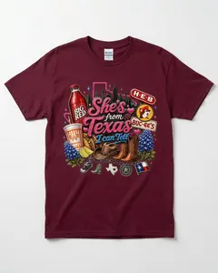 She's From Texas I Can Tell Shirt, Buc-ee's HEB Big Red Cowboy Boots Texas Graphic Tee,  Southern Texas Pride Buc-ee's HEB Bluebonnets Cowboy Boots Funny Graphic Tee