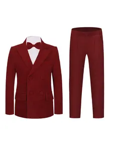 Boys Vintage Corduroy 3-Piece Suit | Double-Breasted Blazer + Pants + Matching Bow Tie | Black/Red/Purple/Gray/Brown | Fits 100-150cm | Formal Outfit for Weddings, Birthdays, Holidays, Performances & Photo Shoots (No Shirt Included)-24220