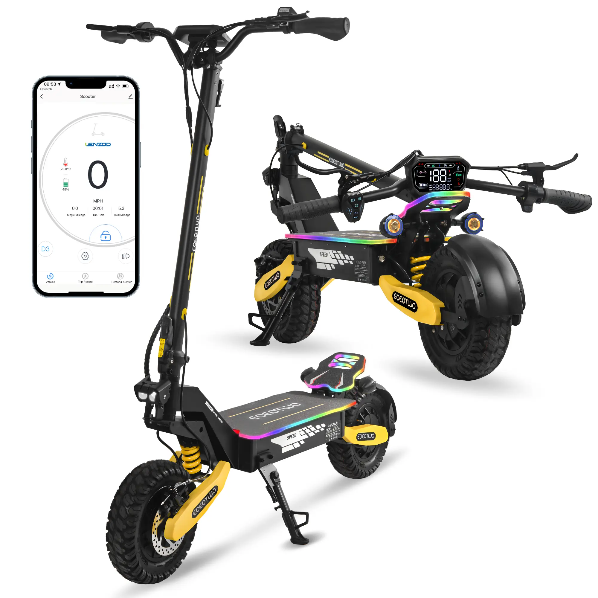EOEOTWO GT06 PLUS electric scooter, 11 "folding adult, 2400W dual motor, 46 miles, top speed 38MPH electric scooter, 52V/23.4ah foldable scooter front and rear hydraulic brakes, designed LED display and app, NFC unlock, portable travel electric scooter