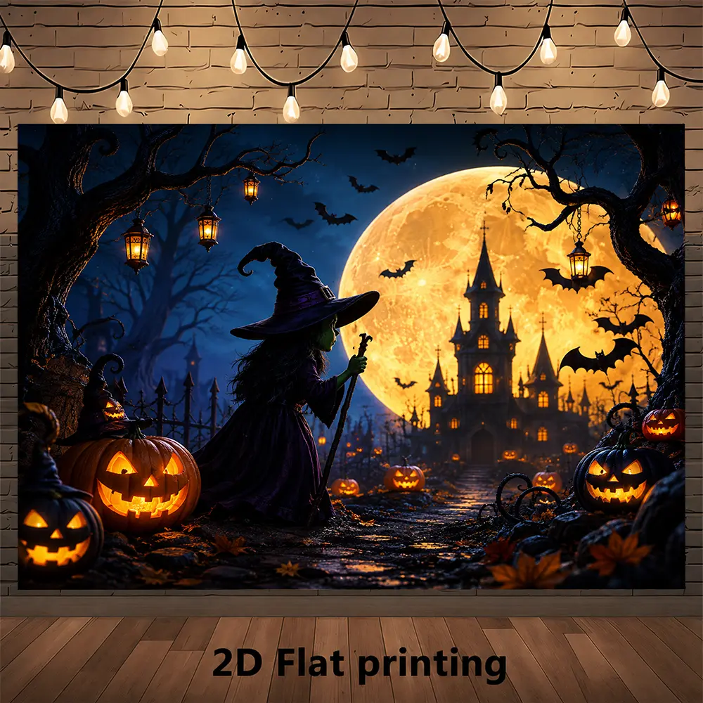 Halloween Backdrop, Witch Silhouette Flying across Giant Orange Moon with Castle and Pumpkins, Spooky Party Photo Background