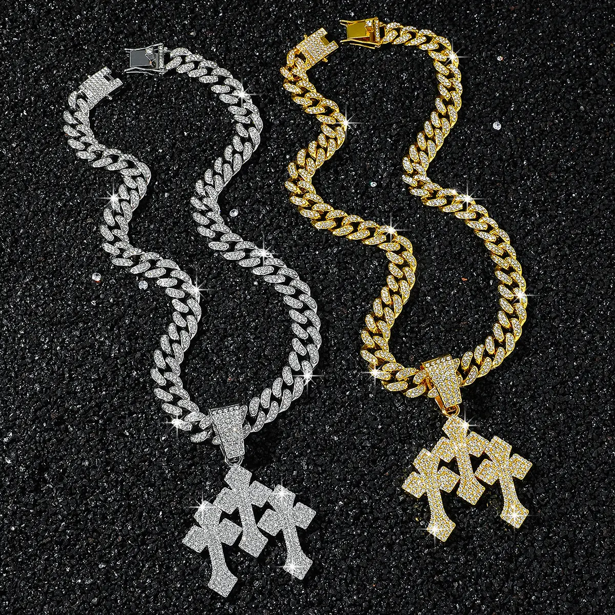 QUEENDO Iced Out Triple Cross Pendant Necklace, Full Sparkly Stone-Encrusted 3-Cross Charm with Miami Cuban Link Chain, Hip Hop Religious Statement Jewelry, Gold & Silver 2-Tone, Adjustable Link Bracelet, Gift for Daily/Party Wear