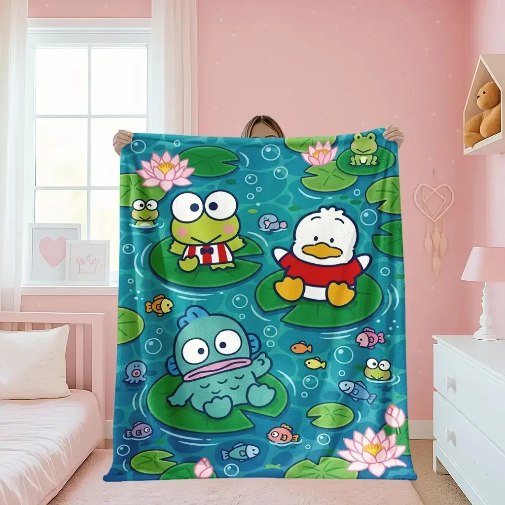 Sanrio Full Scene Keroppi Pekkle Hangyodon Lotus Pond Water Bubbles Blue Background Flannel Throw Blanket: Fresh Summer Aquatic Anime Fan Soft Warm Blanket Gift for Teen Girls All Ages, Sofa Bed Decor