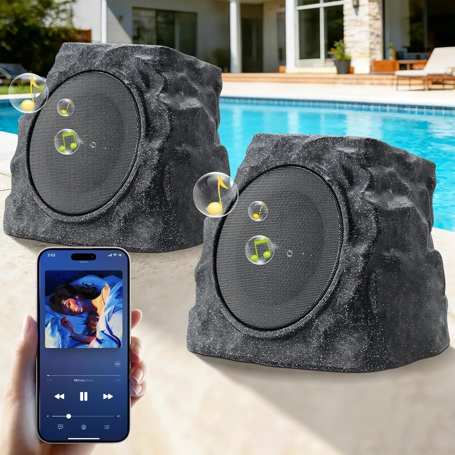 uuffoo 2-Pack Rock Speakers Outdoor Waterproof with RGB Color Lights Multi-Sync Up to 100 Speakers,Auto-Pairing,Solar-Powered and USB Charging for Patio Pool Party Yard Garden Outside