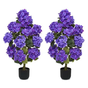 2 Pcs 3ft Artificial Hydrangea Flower Pot, Realistic Silk Hydrangea Flower Tree with Decorative Pebbles and Planter, Suitable for Home, Office, Patio, Porch, Indoor and Outdoor Decoration