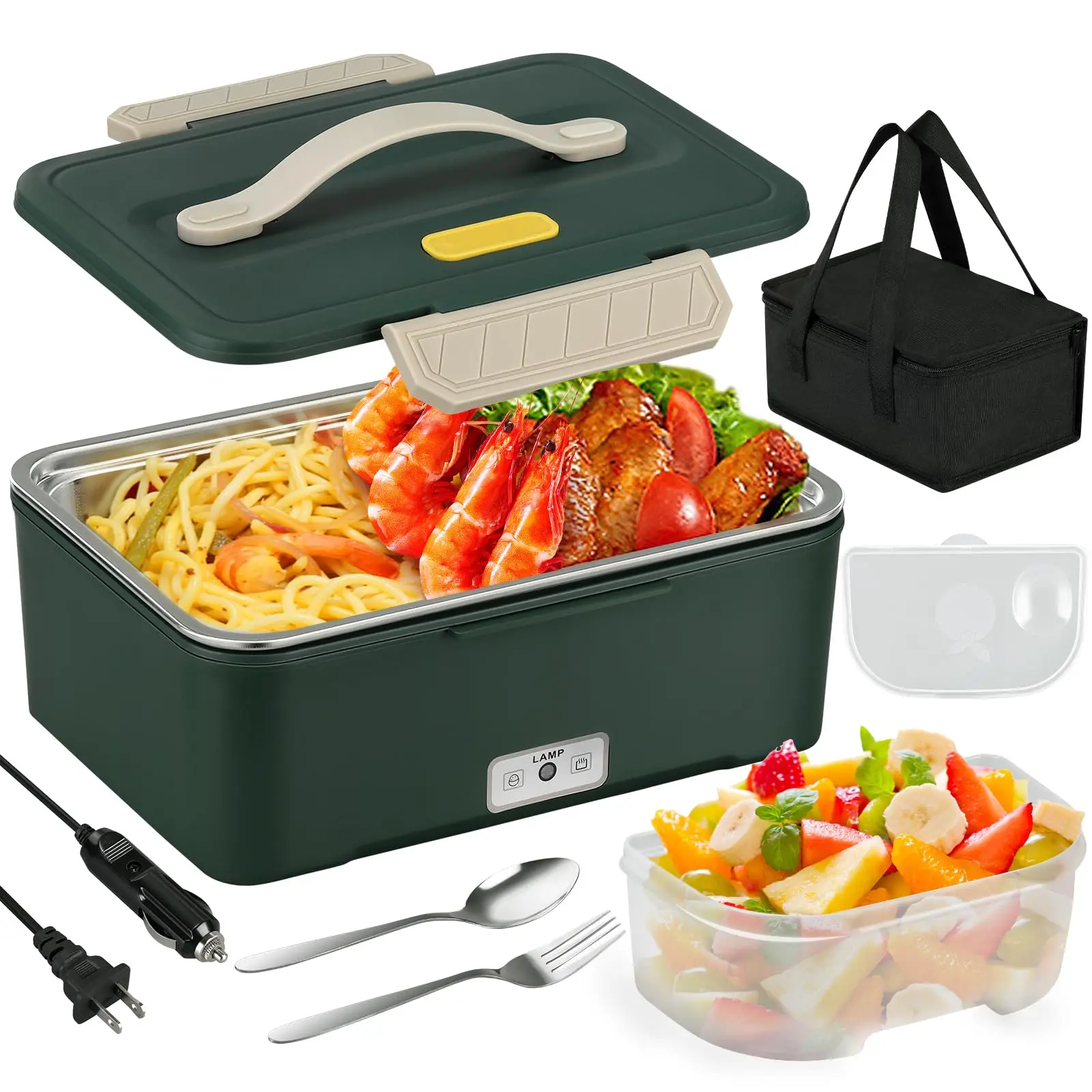 Electric Lunch Box Set, Portable 80W Heated Bento Box for Adults, 60oz Removable 18/8 Stainless Steel Container with Fruit Lid, for Car/Truck/Office lunch container