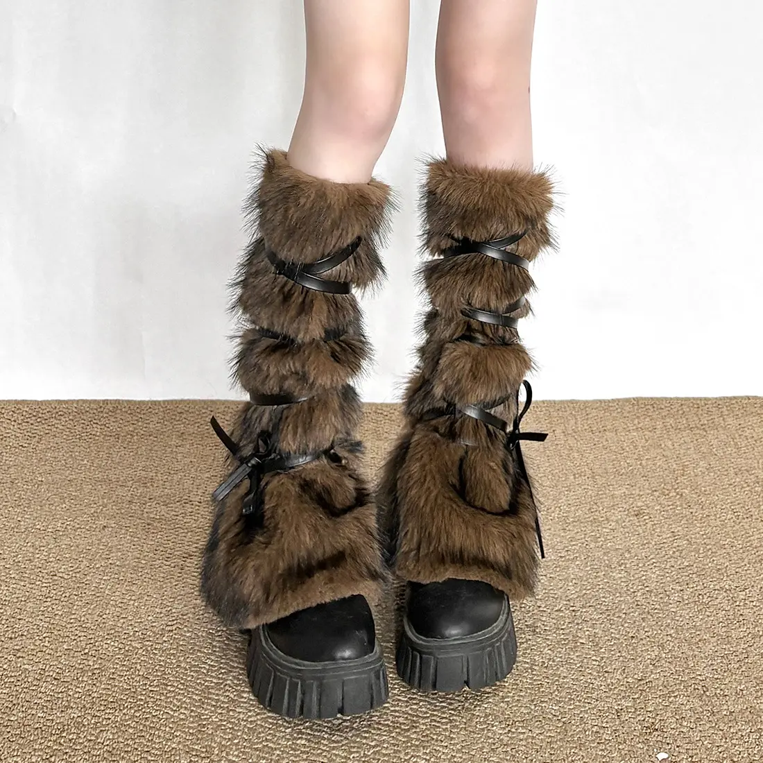 Cross-border European and American style 2025 winter new women's clothing Spice Girl outer wear decoration cross lace-up plush trend leg cover