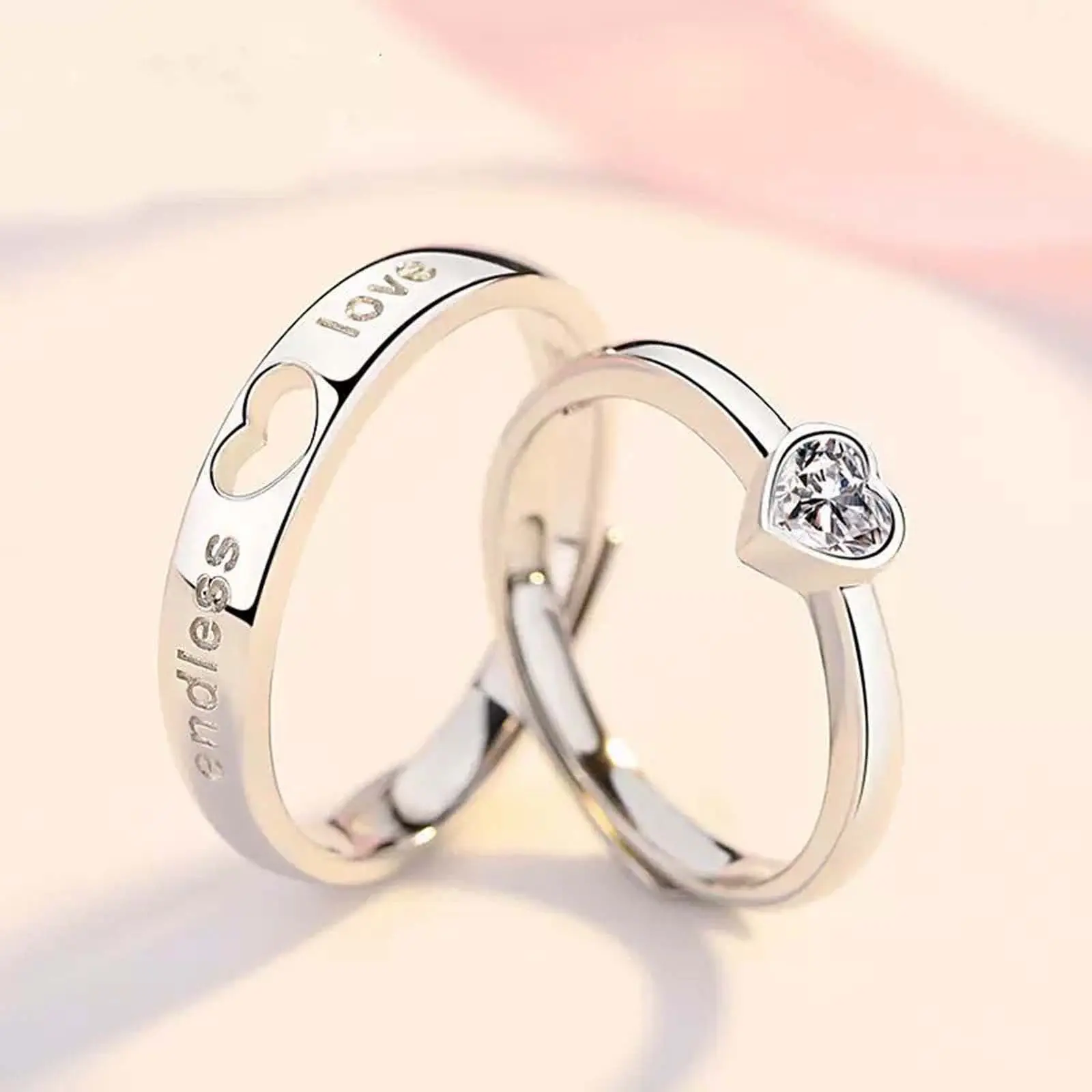 Couple Rings Set - His & Hers Adjustable Open Band Zircon Heart Rings, Minimalist Romantic Look, Romantic Date-Ready Jewelry Gift, Romantic Date-Ready Gift