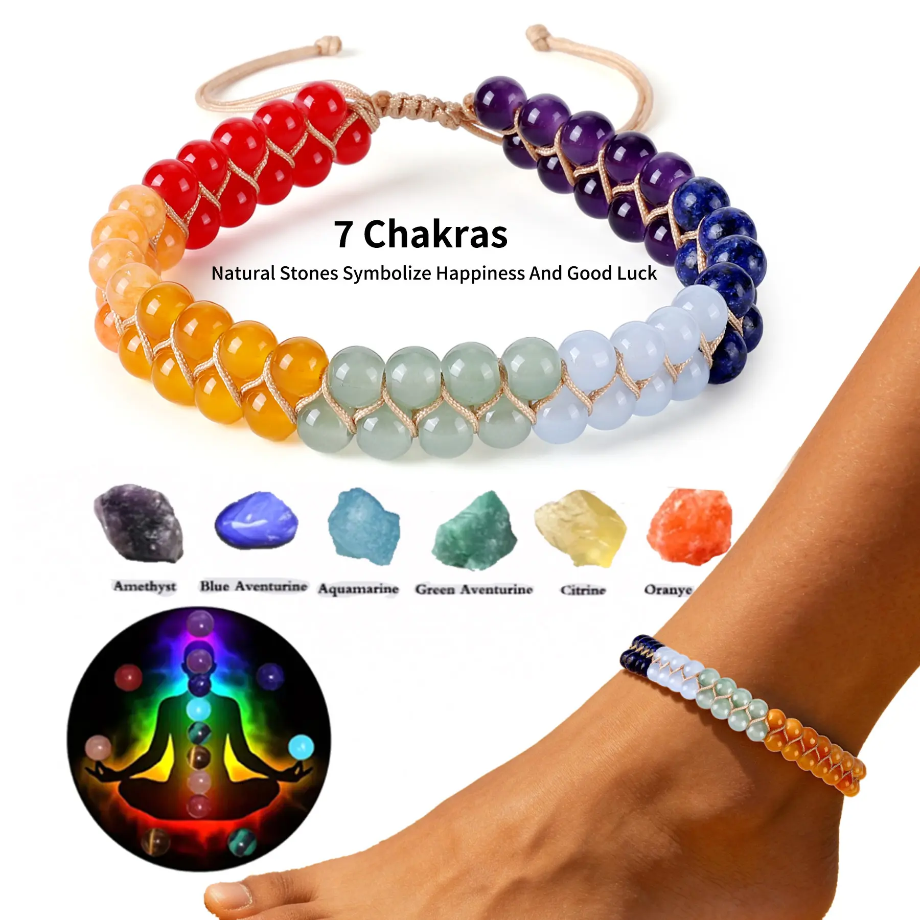 7 Chakra Healing Crystal Bracelet,Bead Chakra Bracelet, Yoga Stone Beads Bracelets Meditation Relax Anxiety Bangle for Womens Mens