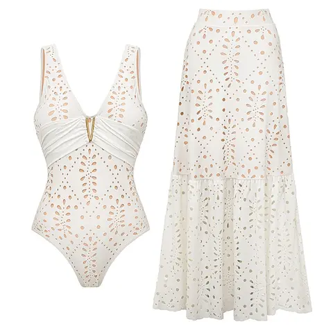 FLAXMAKER Women's V Neck White Laser Cut One Piece Swimsuit and Matching Skirt Set Beachwear Swimdress Bathing Suit woman Swimwear Tummy Control Swimsuit Swim Dress Bathing Suit Stylish Beachwear #Summervibes #dailydeals#tiktokshopstockup