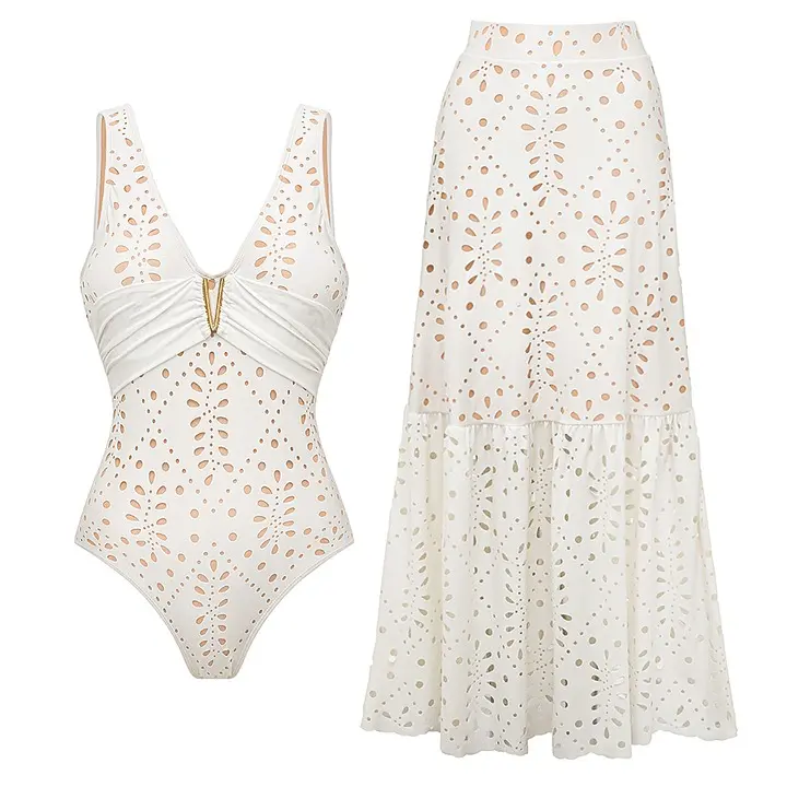 FLAXMAKER Women's V Neck White Laser Cut One Piece Swimsuit and Matching Skirt Set Beachwear Swimdress Bathing Suit woman Swimwear Tummy Control Swimsuit Swim Dress Bathing Suit Stylish Beachwear #Summervibes #dailydeals#tiktokshopstockup
