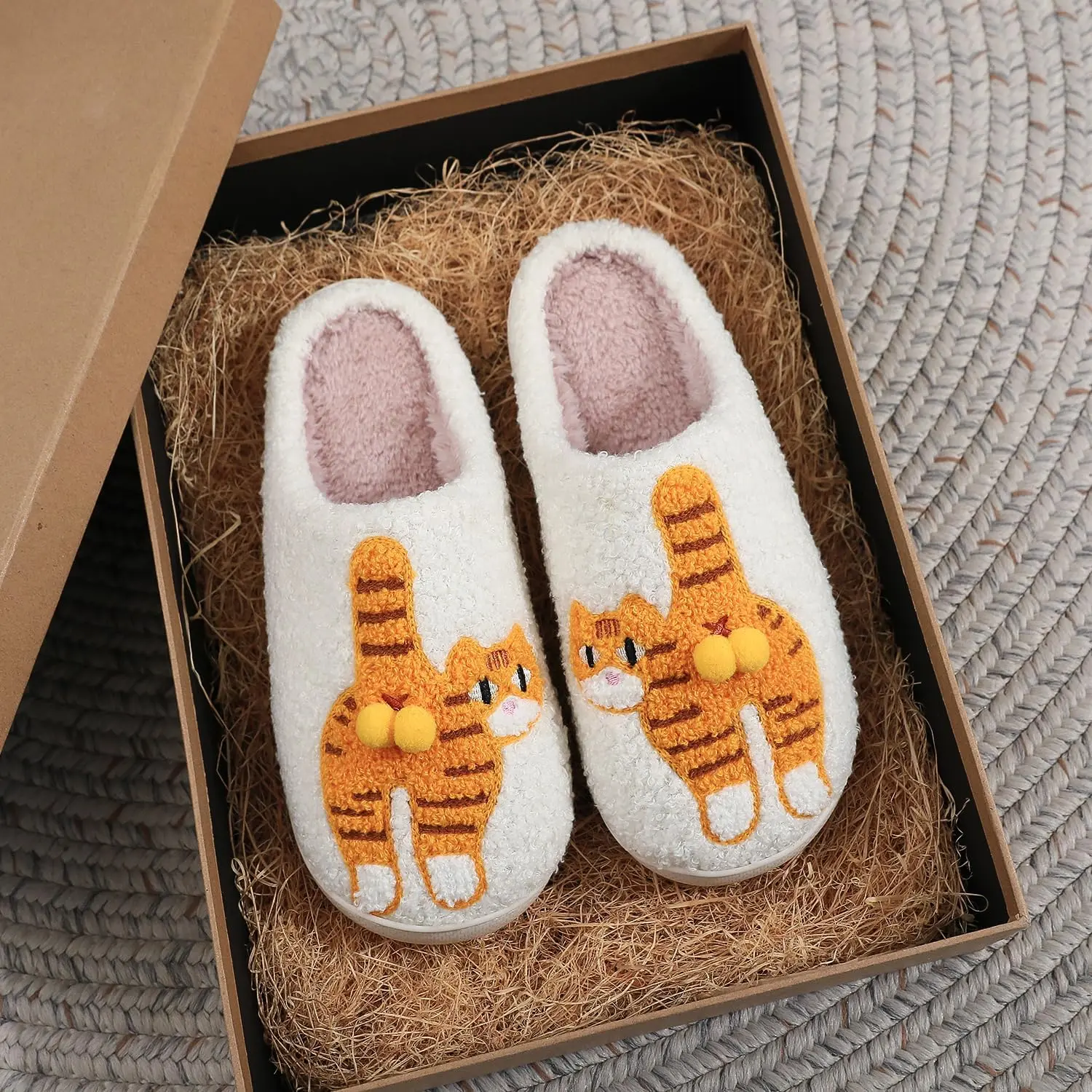 Cute Orange Cat House Shoes for Women, Plush Slip On Ankle Slippers, Warm Fuzzy Indoor Footwear with Pom-Pom Bells & Rubber Sole, All Seasons, Round Toe, Indoor Wear, Pom-Poms Bells