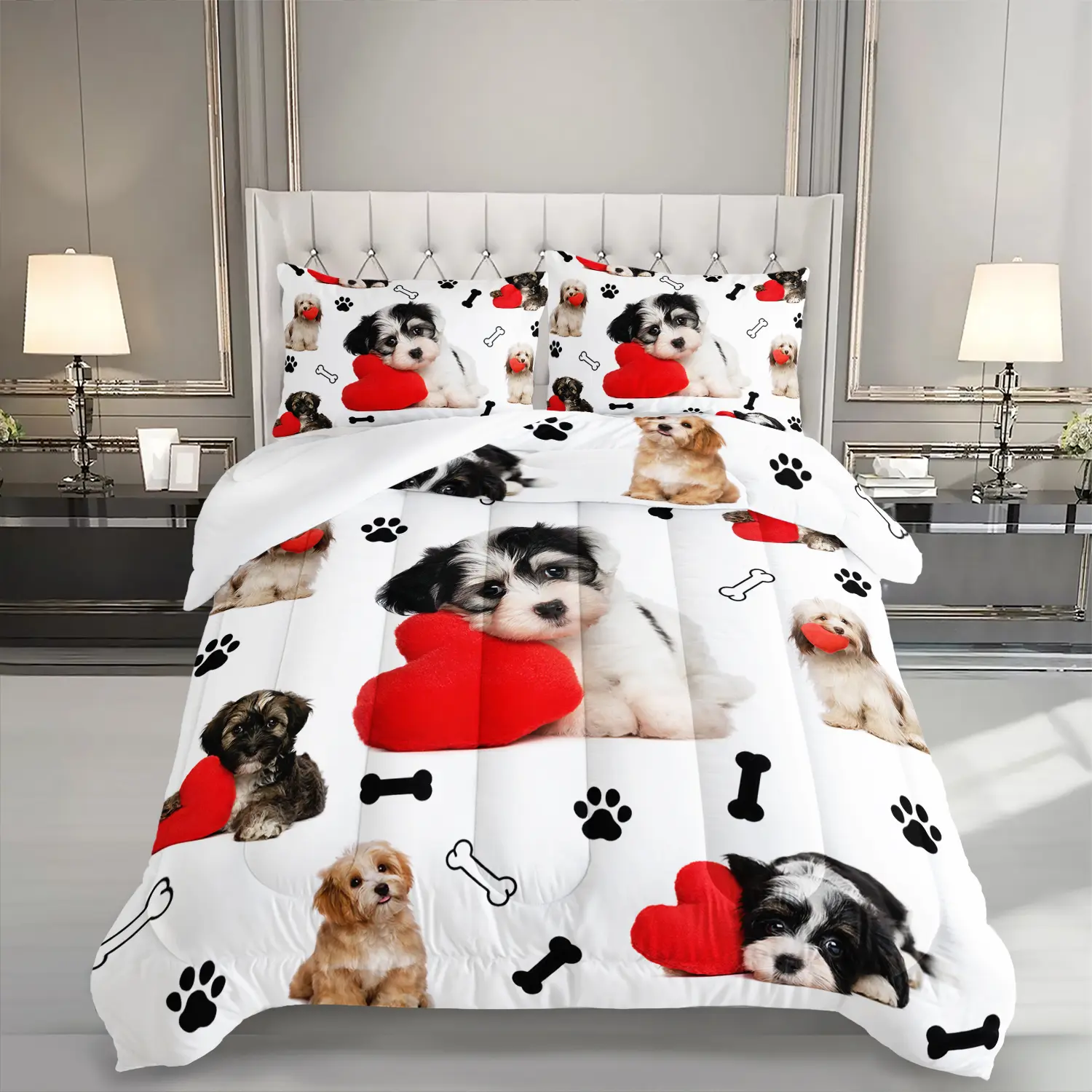 3pcs Cute Animal Puppy Duvet Set - Decorative Soft Bedding Set, Lightweight Microfiber Comforter with 2 Pillowcases, Machine Washable All-Seasons Bedding for Girls' Bedrooms, Family Gift, Decorative Bedding Set