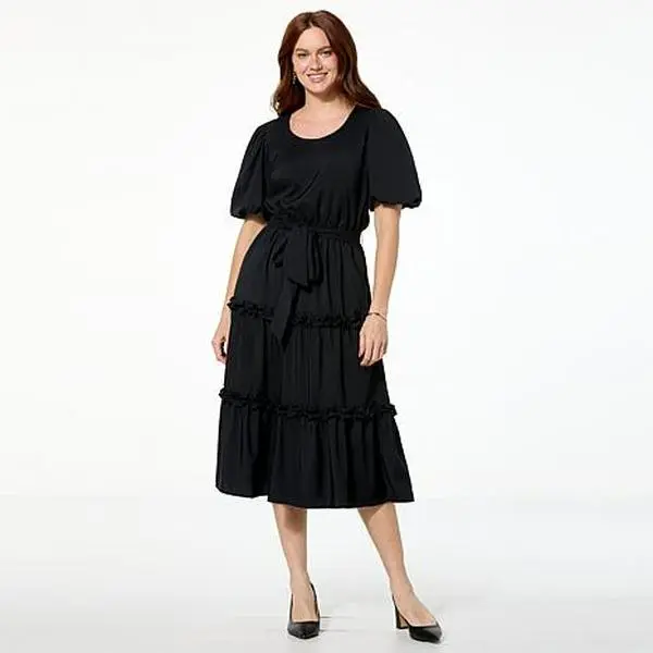 Badgley Mischka Macie Short-Sleeve Tiered Dress
