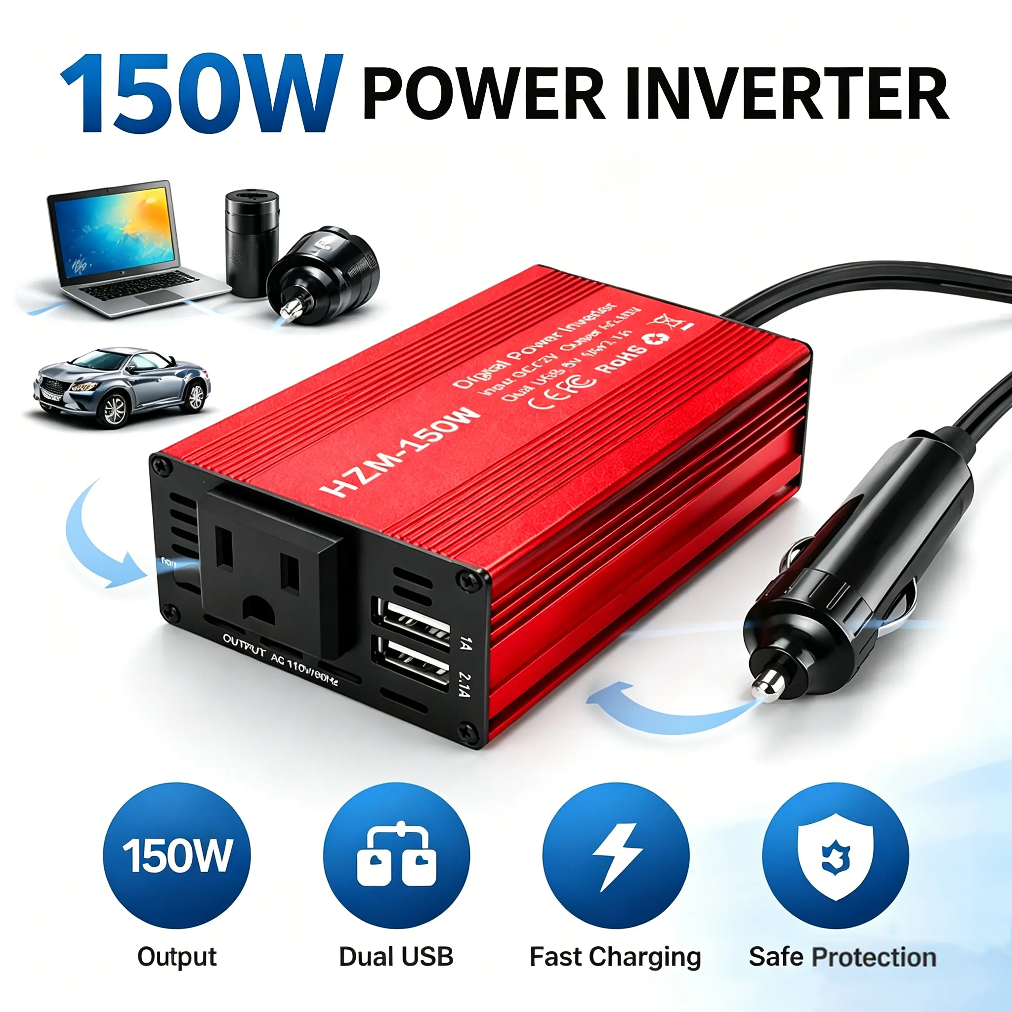 RROETXI 150W Metal Red Car Power Inverter - 12V DC to 110V AC Converter, 12V Vehicle Adapter for Cars with 3.1A Dual USB-A, 20W PD3.0 QC3.0 Type-C Ports for Road Trips, Van Life Travel Gear Charging