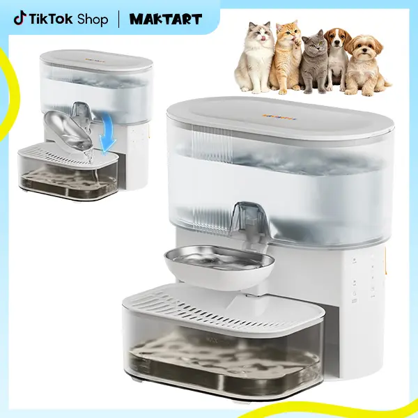 2026 Latest Wireless Cat Fountain No Filters, Wastewater Separation, MAKTART Stainless Steel Bowl, 3000mAh Battery, 3.5L  Water Dispenser for Cats & Dogs , White