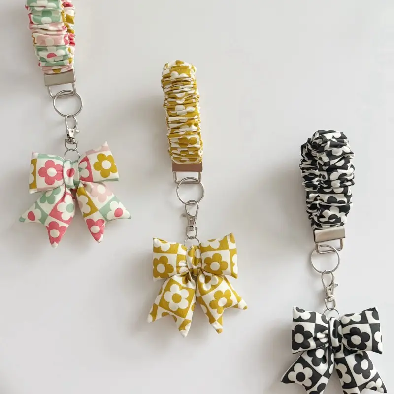 Scrunchie Wristlet with Mini Plush Bow Retro Floral Pattern Silver Color Clasp Perfect for Everyday Use Fashion Accessory