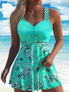 women's plants print v neck swimdress & tankini set, casual sleeveless swim dress & swim top two-piece swimsuit for beach holiday vacation, ladies swimwear for all seasons, summer 2 piece set, sea fancy swimsuits, bathing suits, tankini outfit