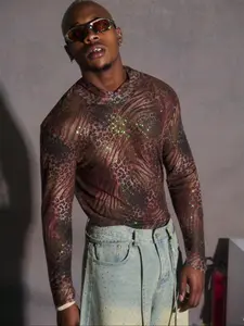 Men's Fashion Digital Mesh Leopard Print Sequins High Neck Long Sleeve Short T-Shirt, Casual Streetwear, Daily Wear, Trendy Design